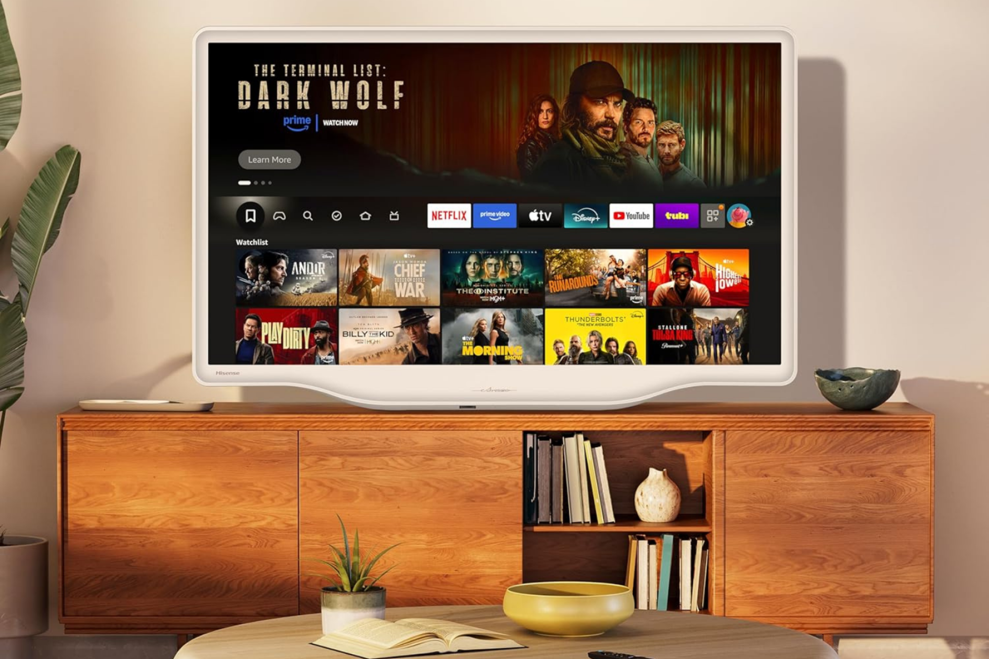 Hisense S5 DécoTV displaying Fire TV platform while sitting on TV stand