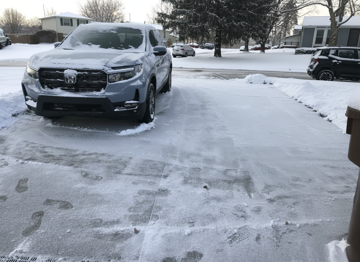 AI edited photo of a snow-covered car in an icy driveway