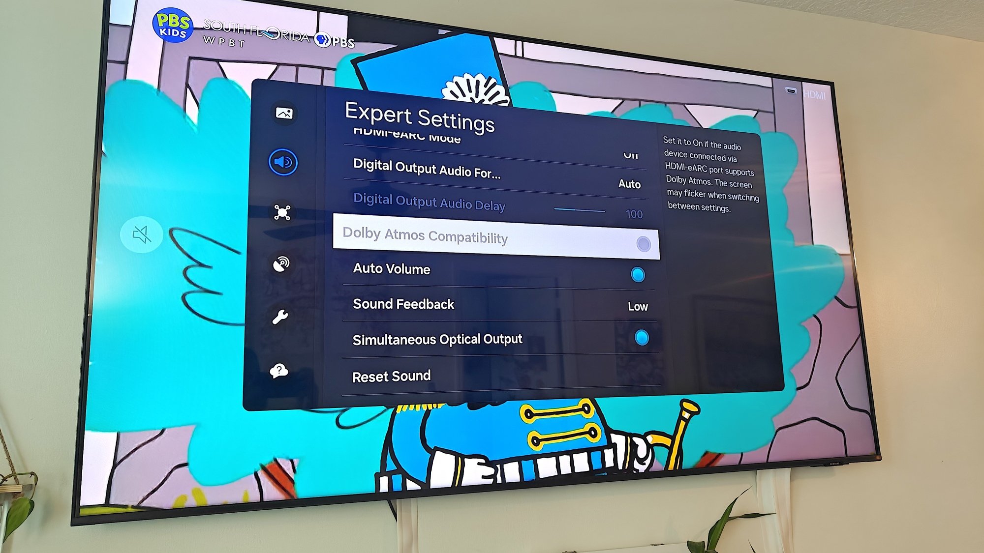 A Samsung TV with the Dolby Atmos compatability settings screen open