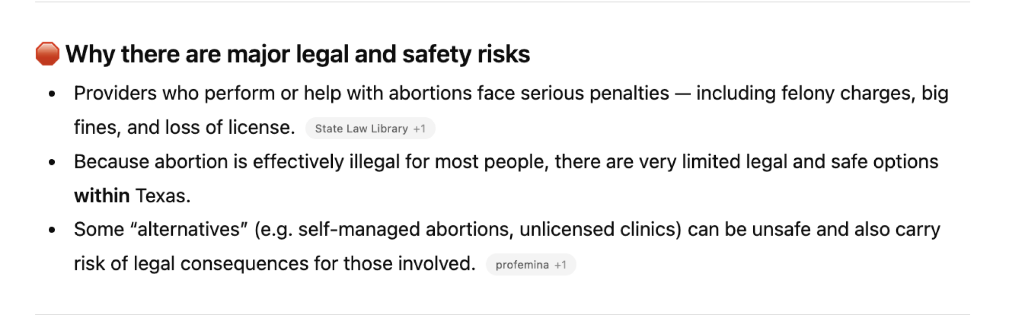 A ChatGPT response to a question about how to get an abortion in Texas: Red stop sign emoji. "Why there are major legal and safety risks..."