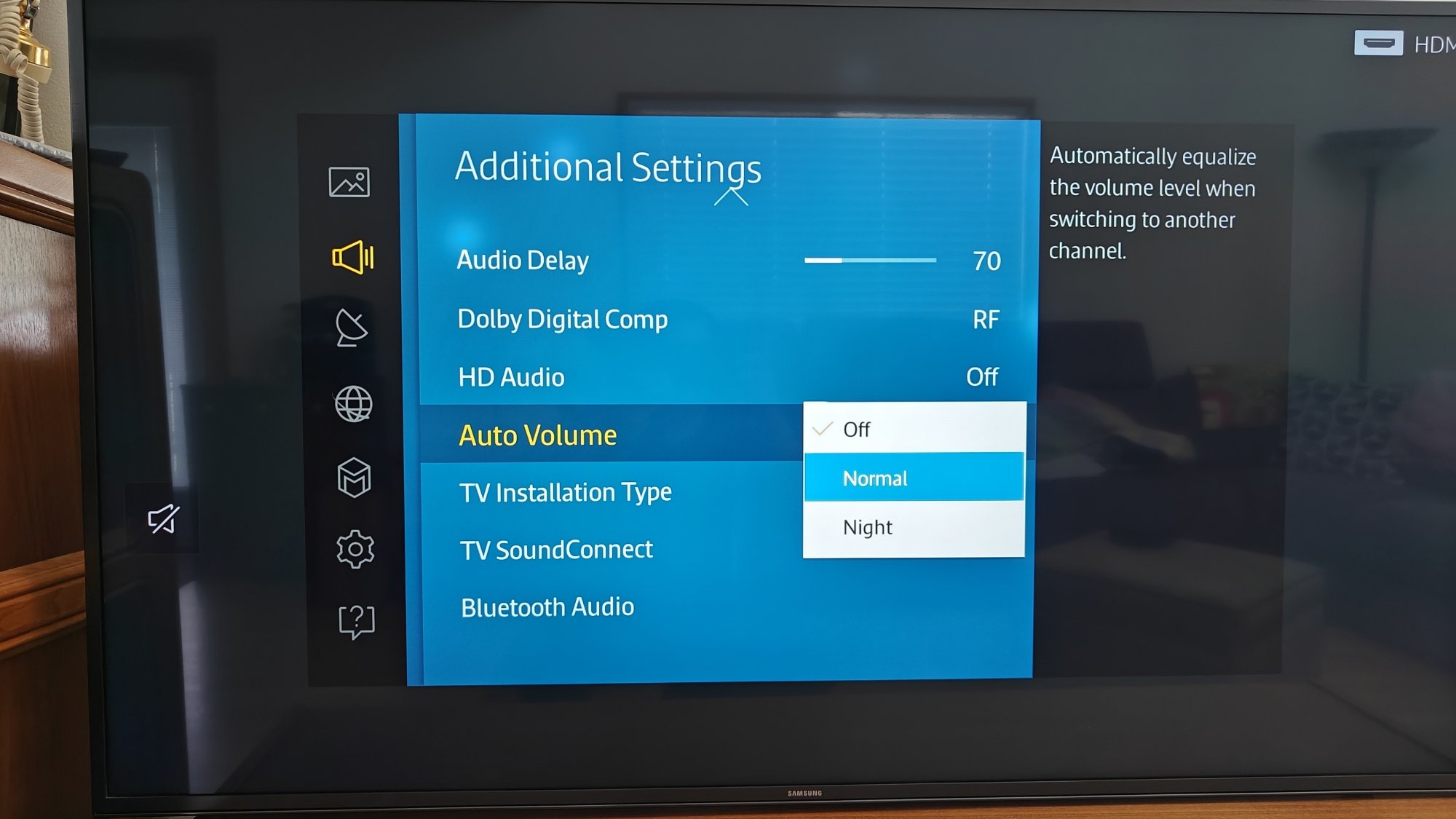 A Samsung TV with the auto volume settings open
