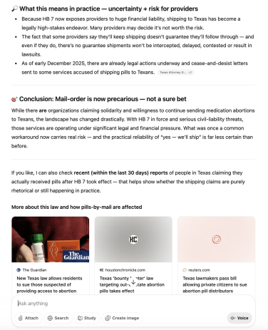 A screenshot of a lengthy ChatGPT response, explaining why mail-order abortion pills are no longer a "sure bet."