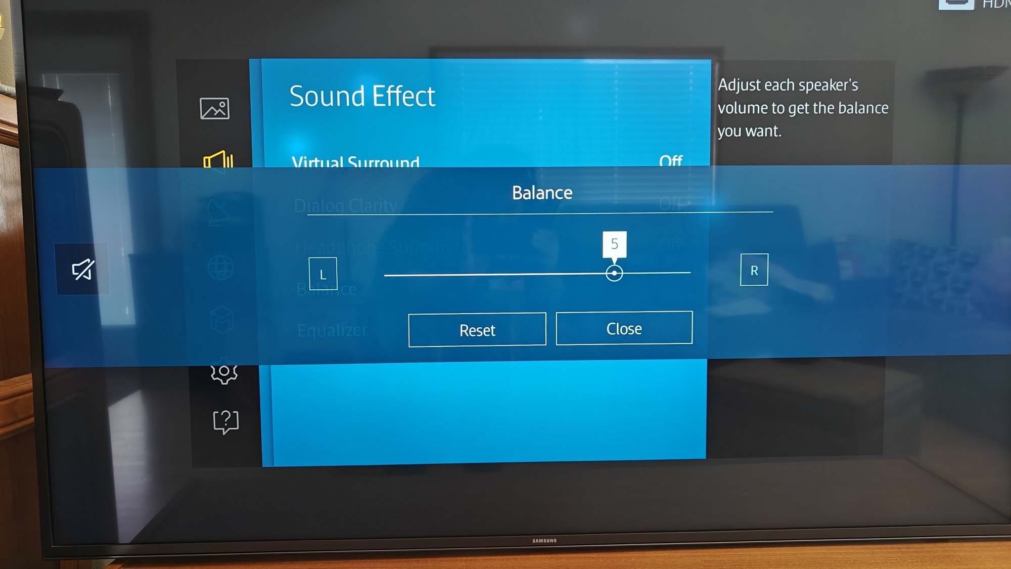 A Samsung TV with the balance settings open