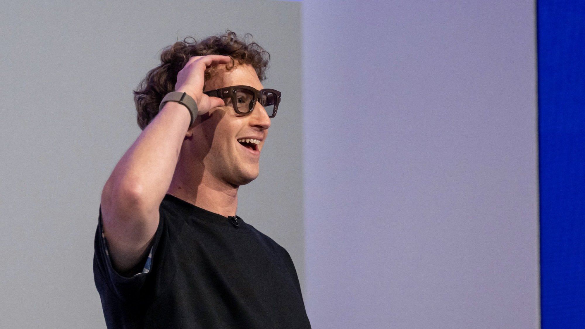 Mark Zuckerberg wears Meta Ray-Ban Display AI glasses at the Meta Connect event.
