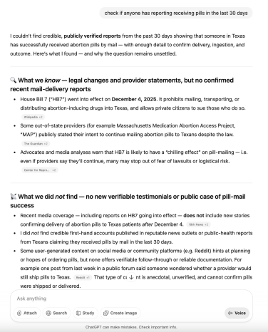 A screenshot of another long ChatGPT response to the prompt "check if anyone has reported receiving pills in the last 30 days." ChatGPT eronniously says this has not happened.