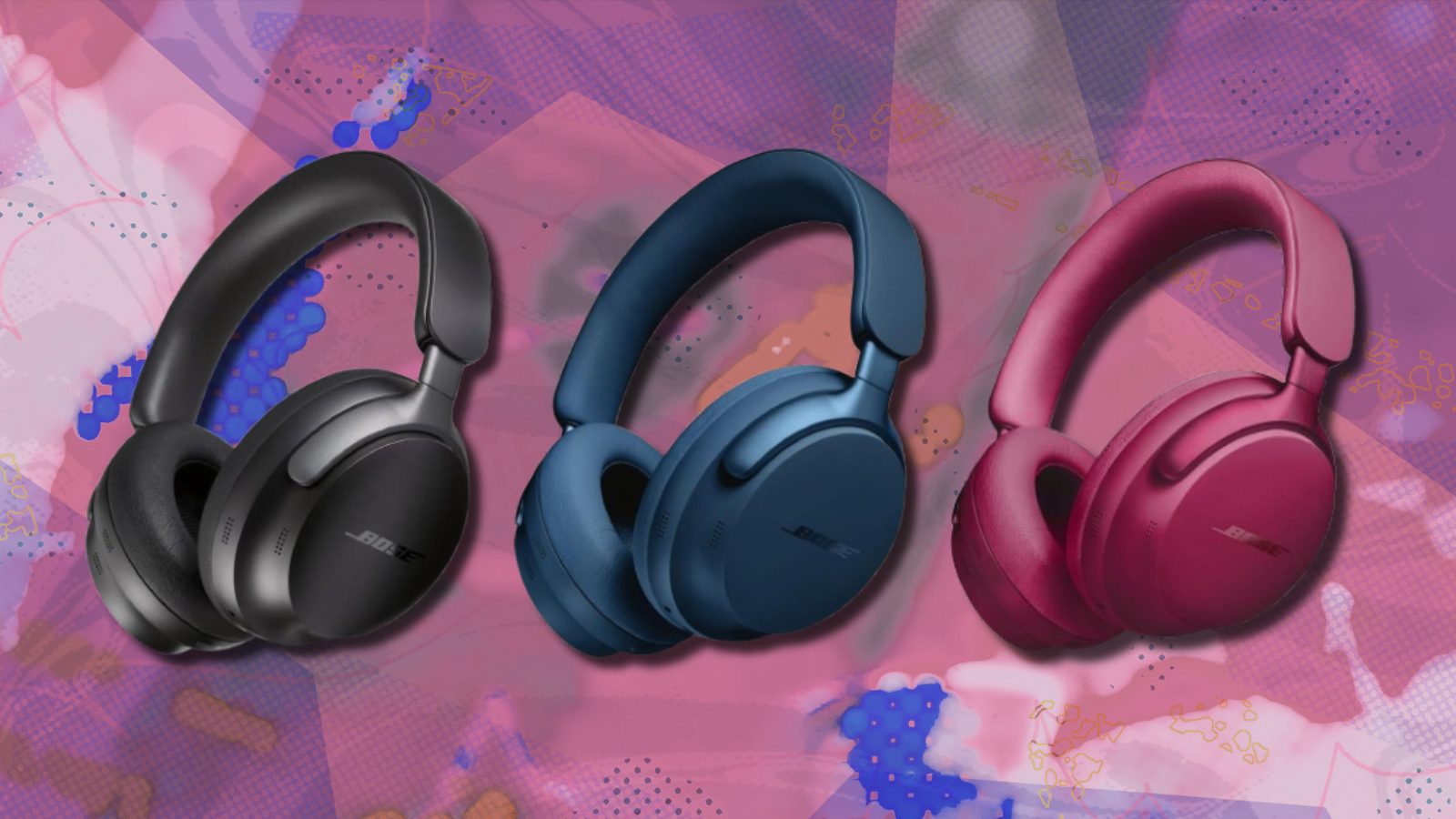 Bose QuietComfort Ultra headphones in blue, black, and plum with colorful background