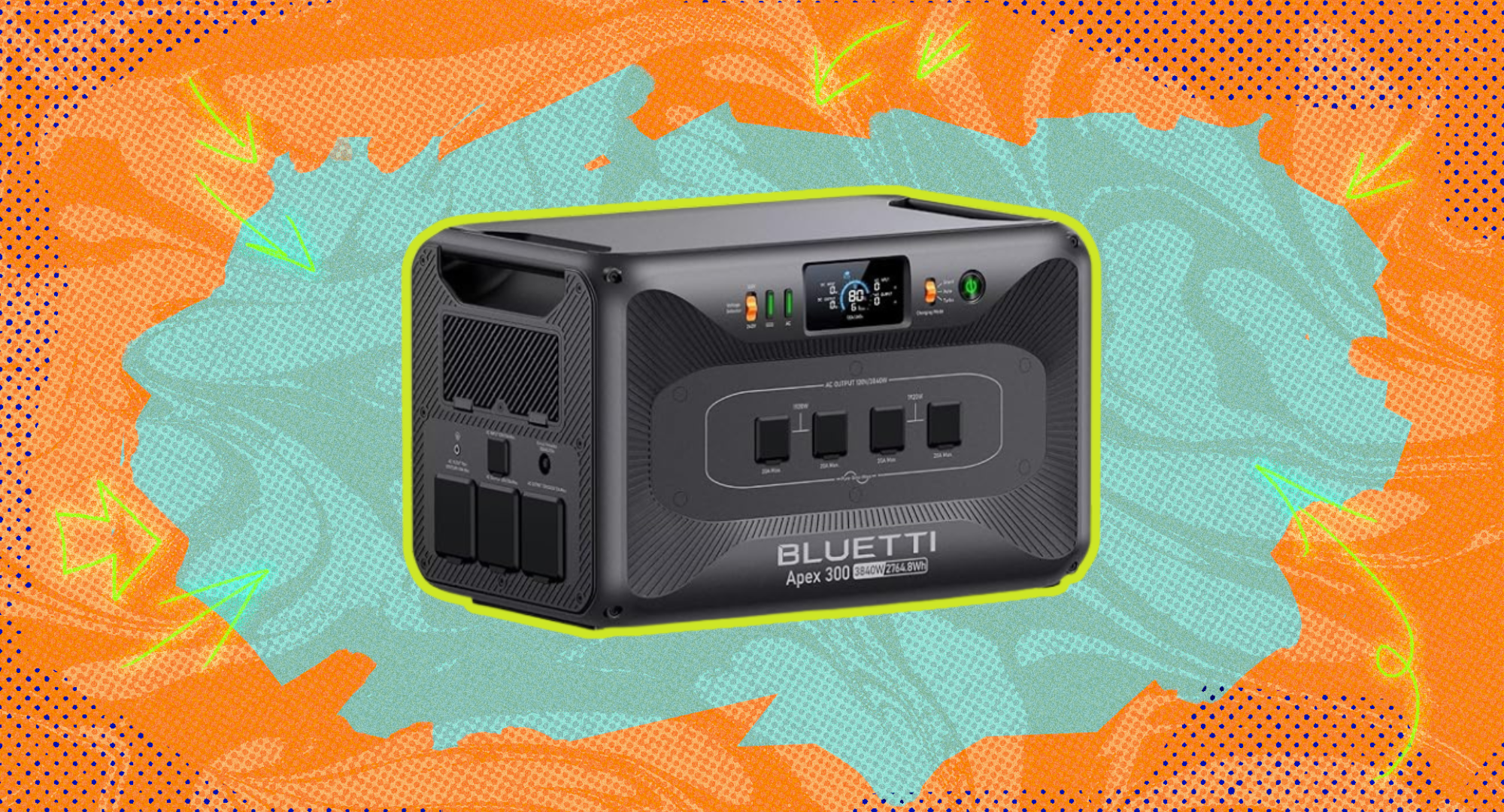 A Bluetti portable power station against an orange and green background.