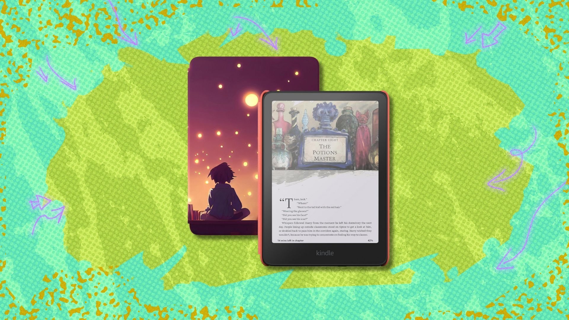 kindle colorsoft kids against a green patterned background