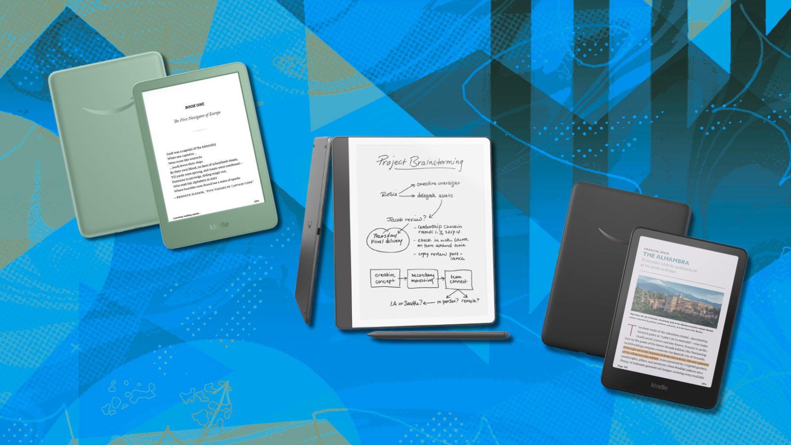 Kindle devices with a blue background