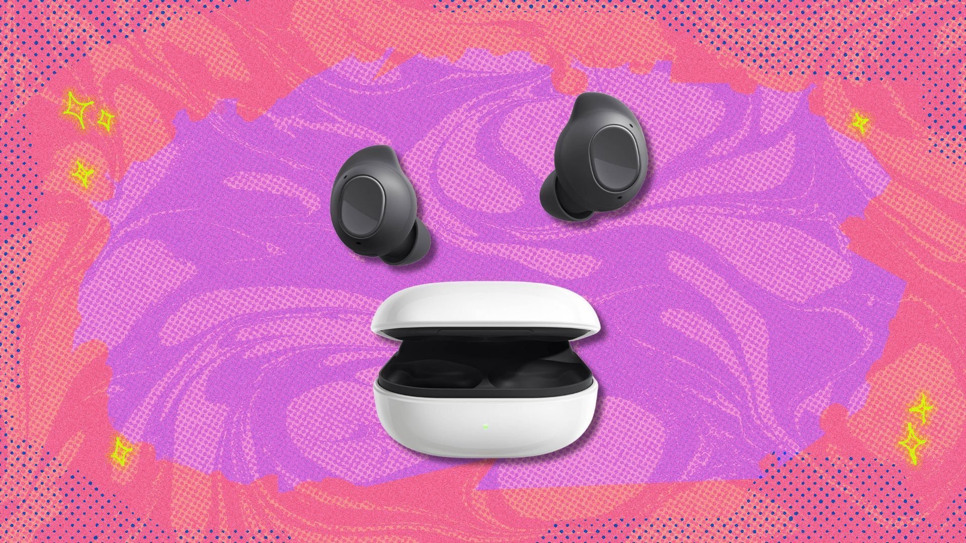 samsung galaxy buds fe and a case against a pink and purple patterned background