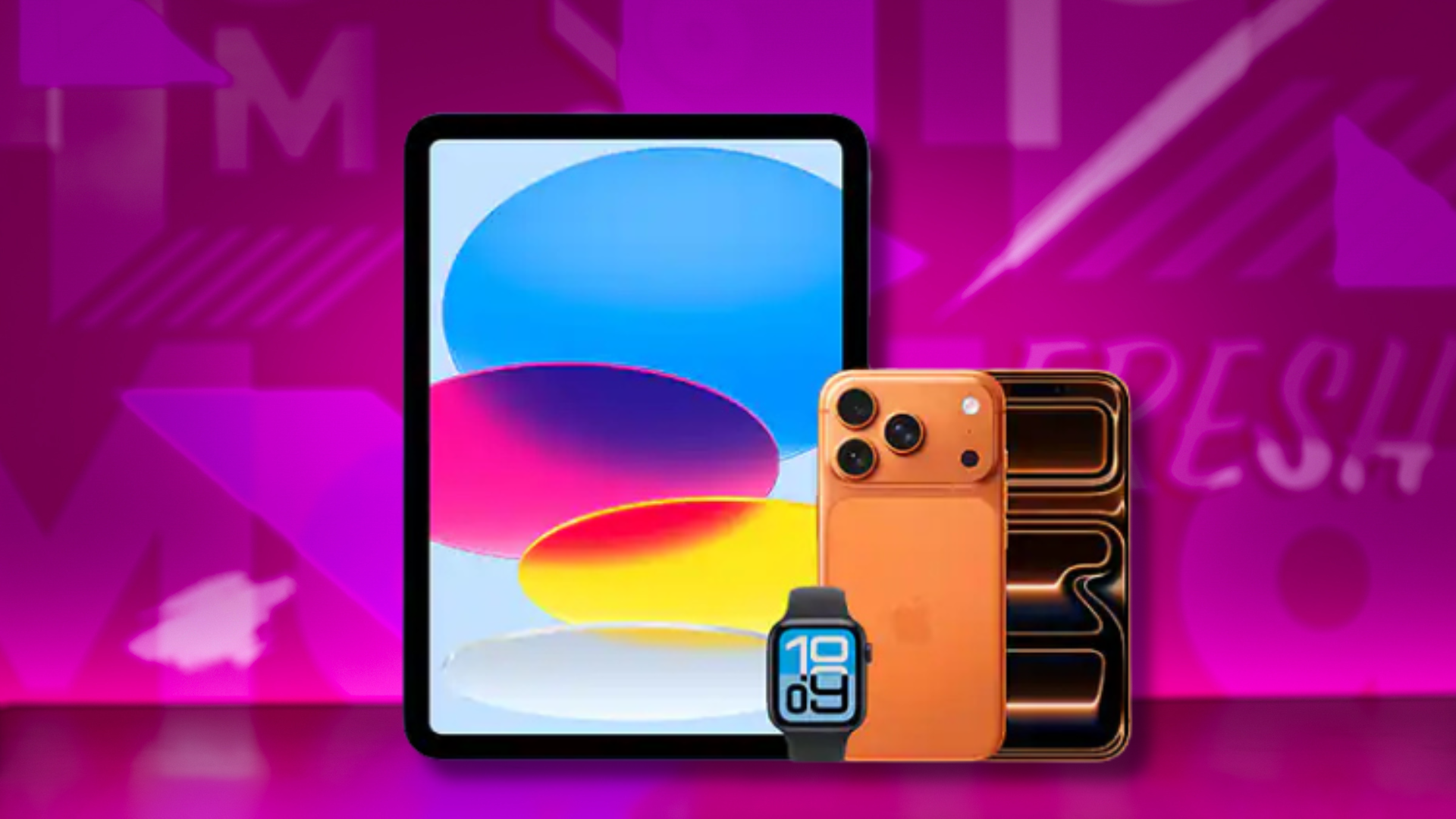 A colorful background with an iPad, Apple Watch, and iPhone on it