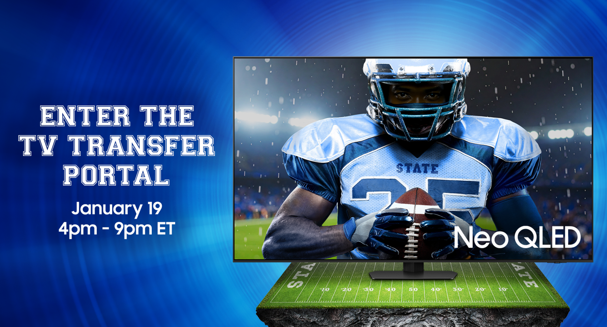 A TV showing a football player holding a football and a bright blue background. 