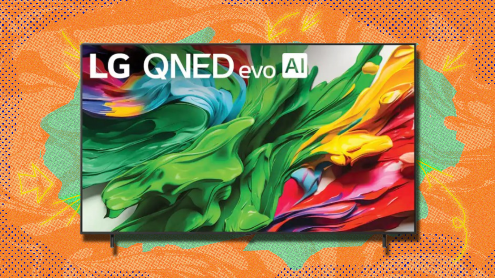 LG QNED TV with orange and green background