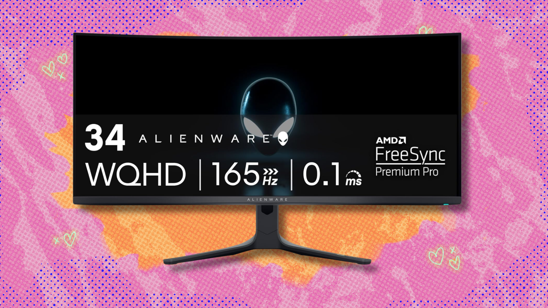 Alienware AW3423DWF QD-OLED gaming monitor on pink and orange abstract background