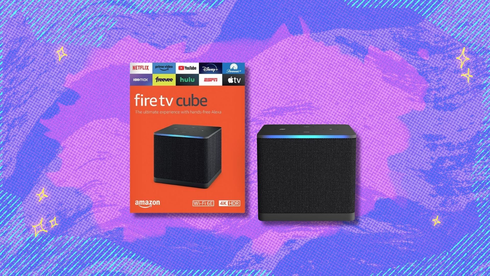 fire tv cube and box against a purple patterned background
