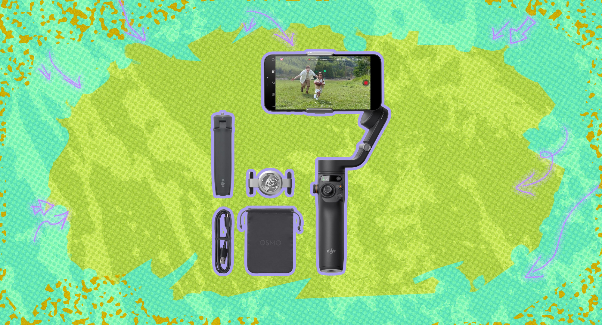 The DJI Osmo Mobile 6 against a green background.