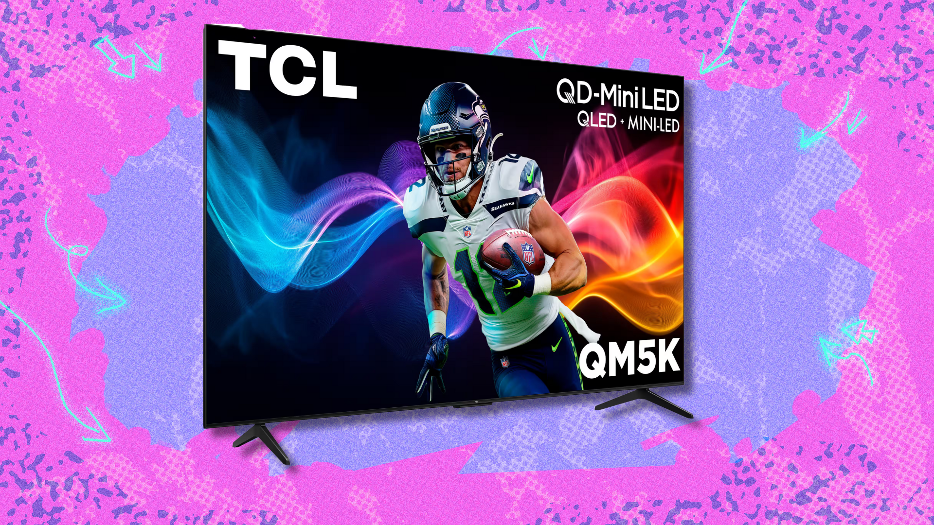 TCL QM5K 4K UHD TV on pink and purple abstract background