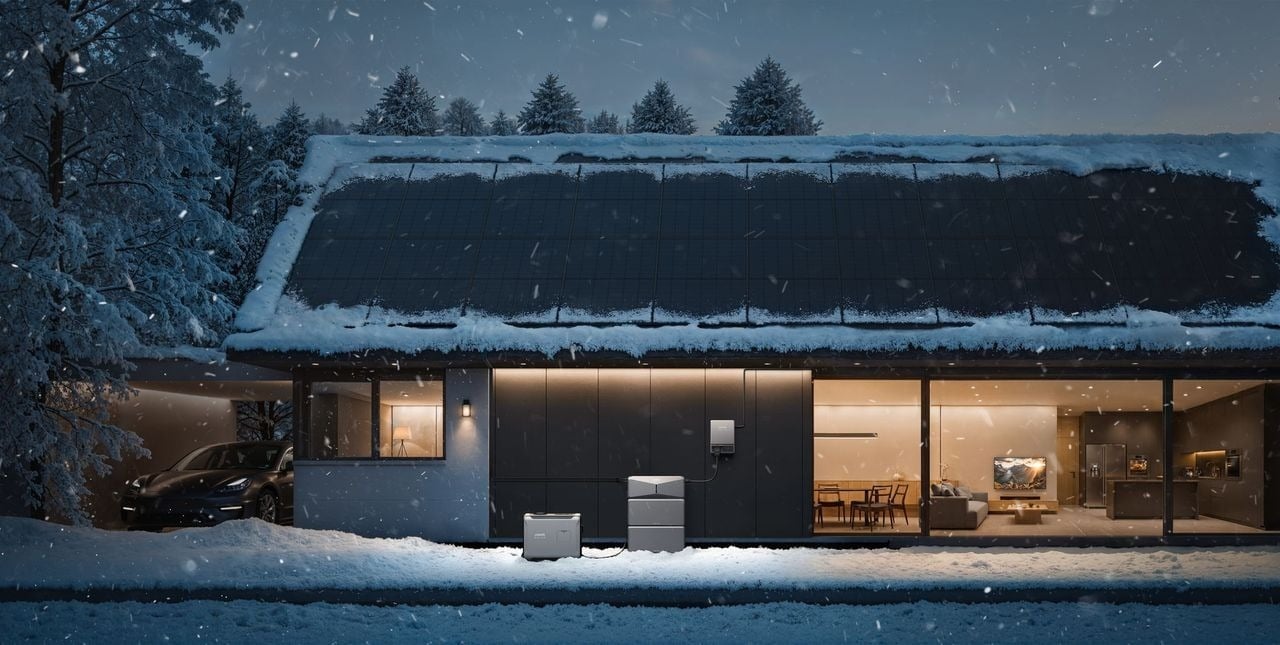 the anker solix e10 whole-home backup system sits outside of a home with snowy weather
