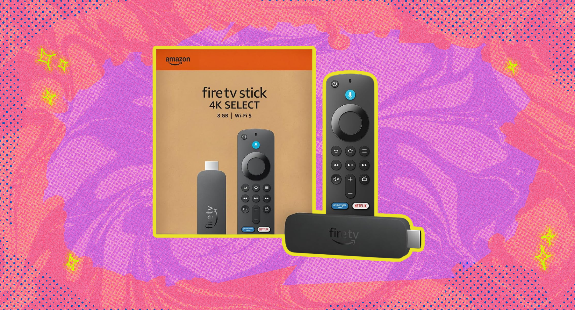 Amazon fire stick against a pink and purple background. 