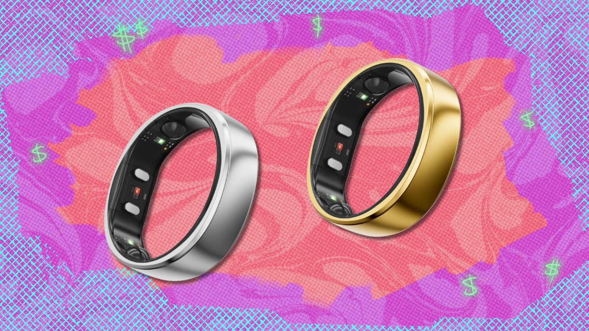 the ringconn gen 2 in silver and gold on a purple, pink, and coral colored background