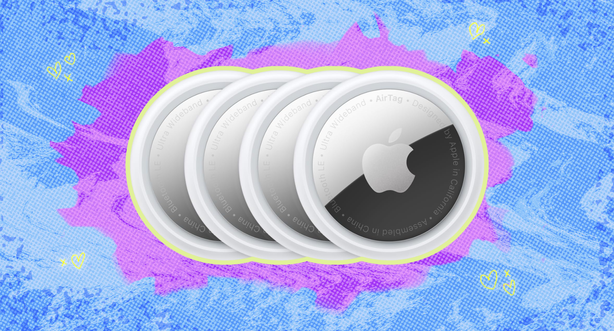 Four Apple AirTags against a blue and purple background. 