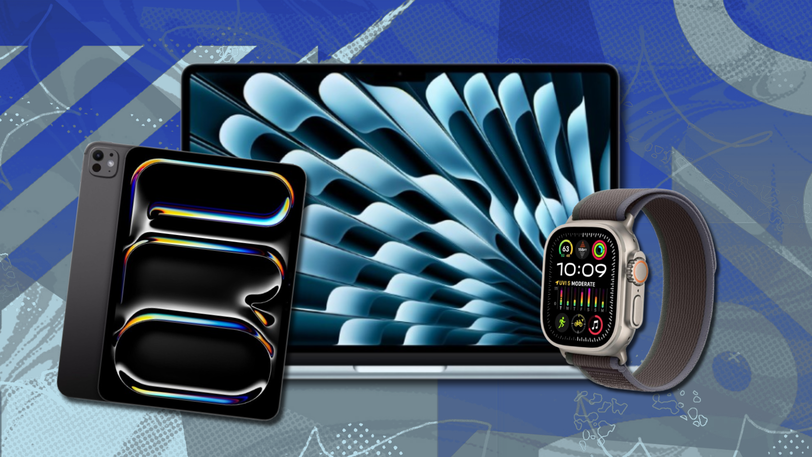 MacBook Air, iPad Pro, and Apple Watch Ultra 2 with blue background