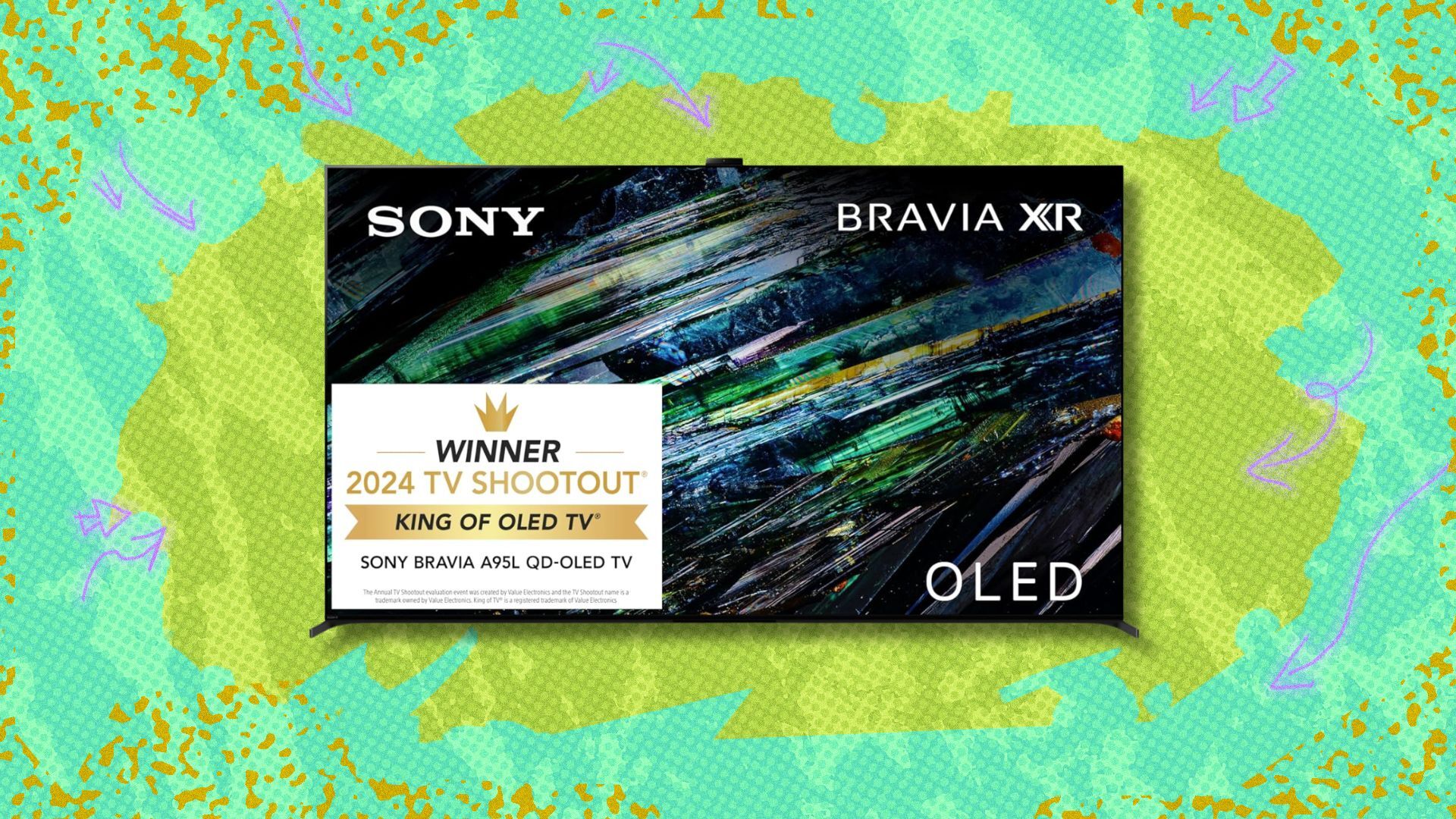 sony qd-oled 77-inch bravia xr a95l tv against a green patterned background