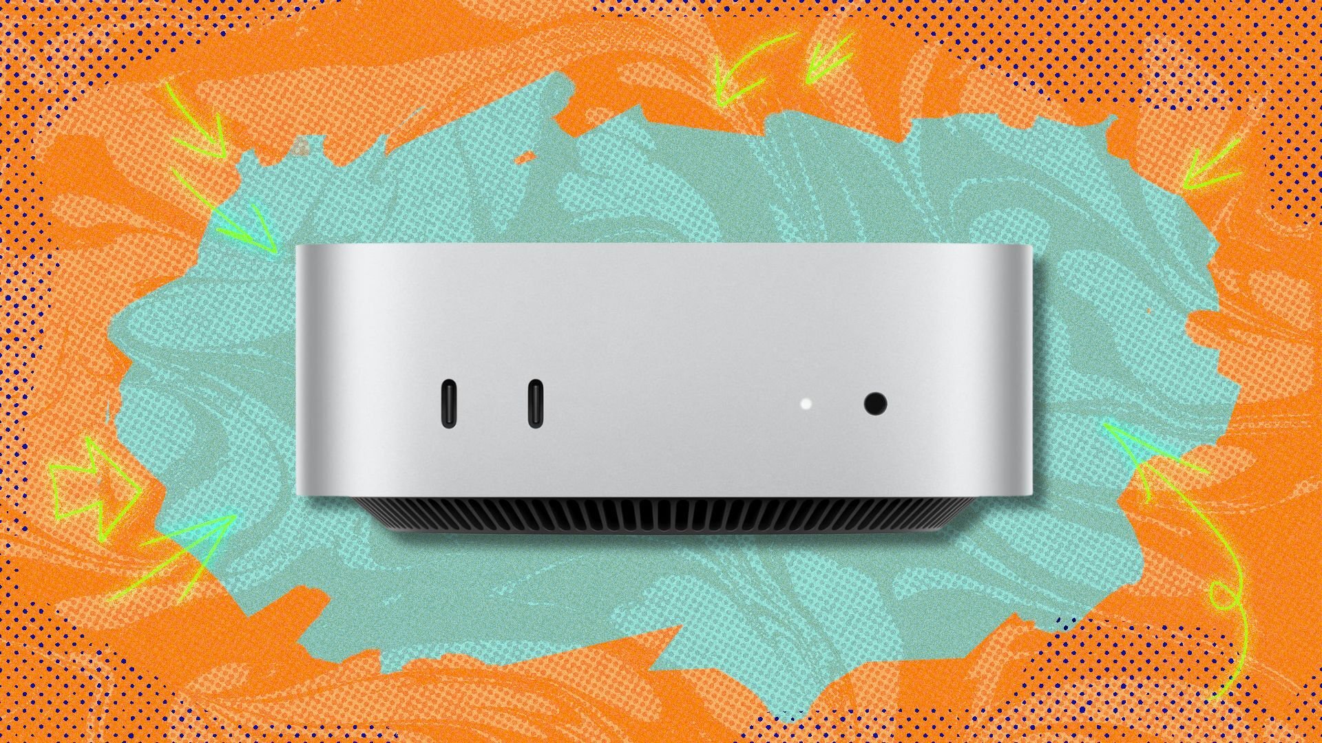 mac mini against an orange and blue patterned background