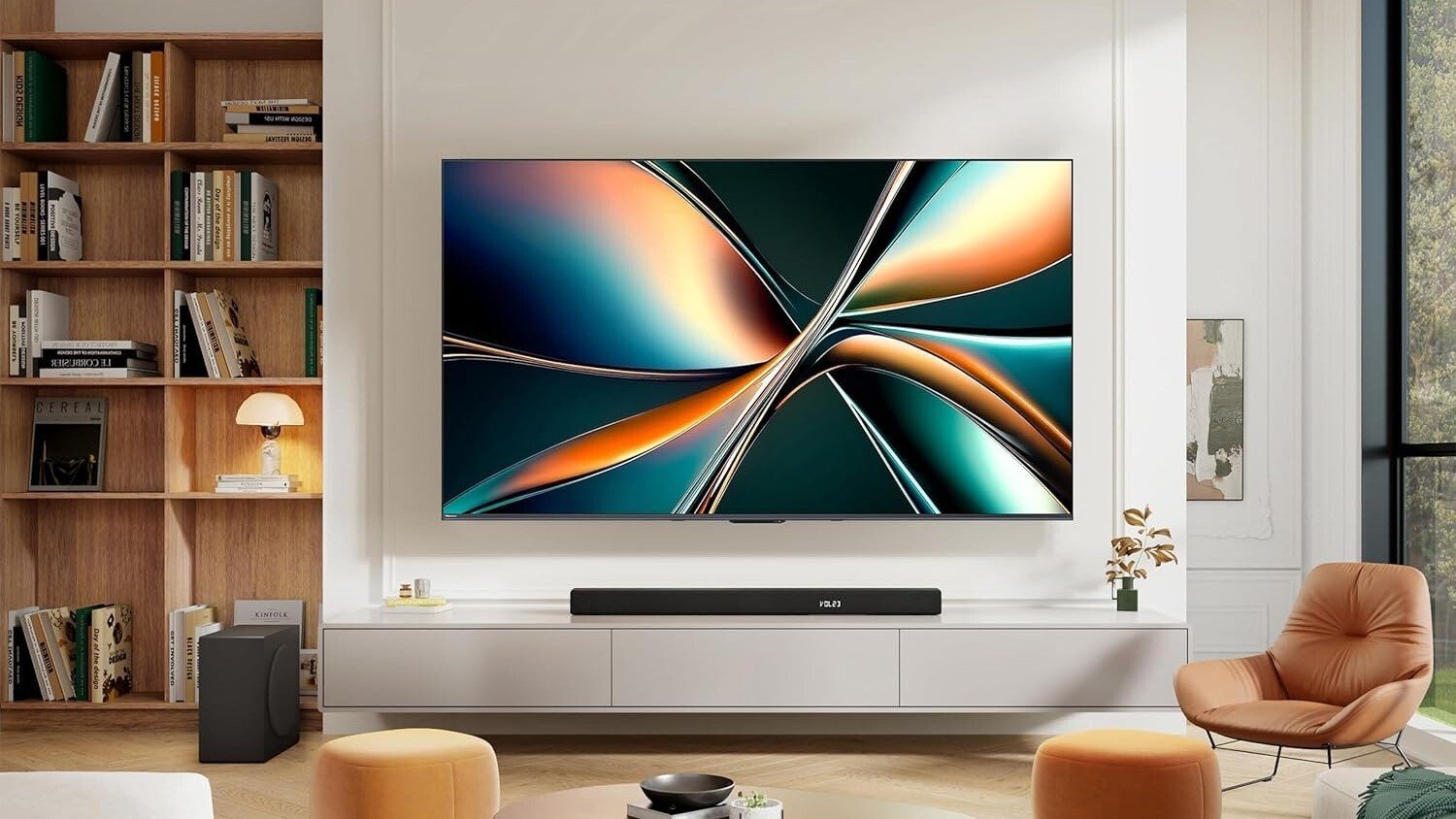 a living room during the daytime with the hisense class u6 series mini-LED 4K TV in display