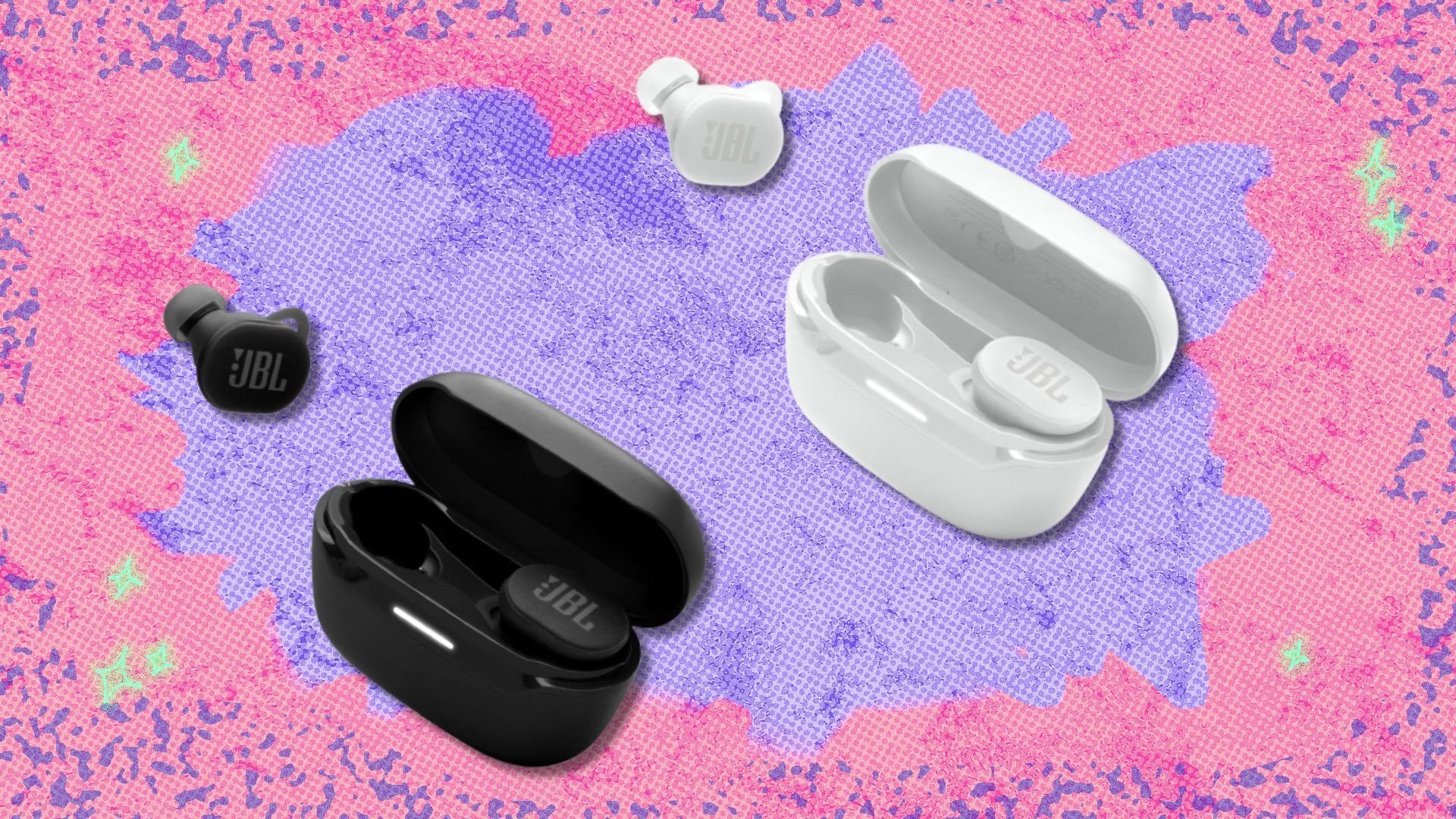 a black and white pair of JBL Endurance 2 earbuds with their included cases on a pink and purple background