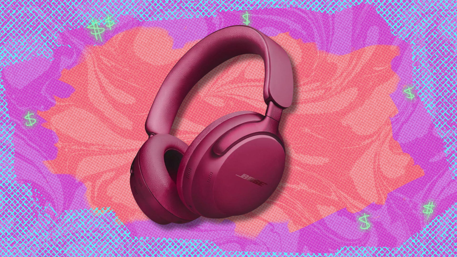 Bose QuietComfort Ultra headphones on orange and pink abstract background