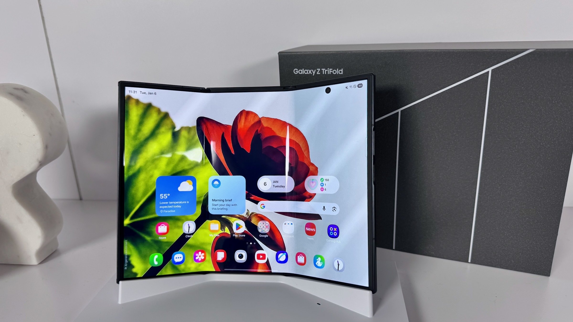 samsung galaxy z trifold with packaging box on display at ces 2026
