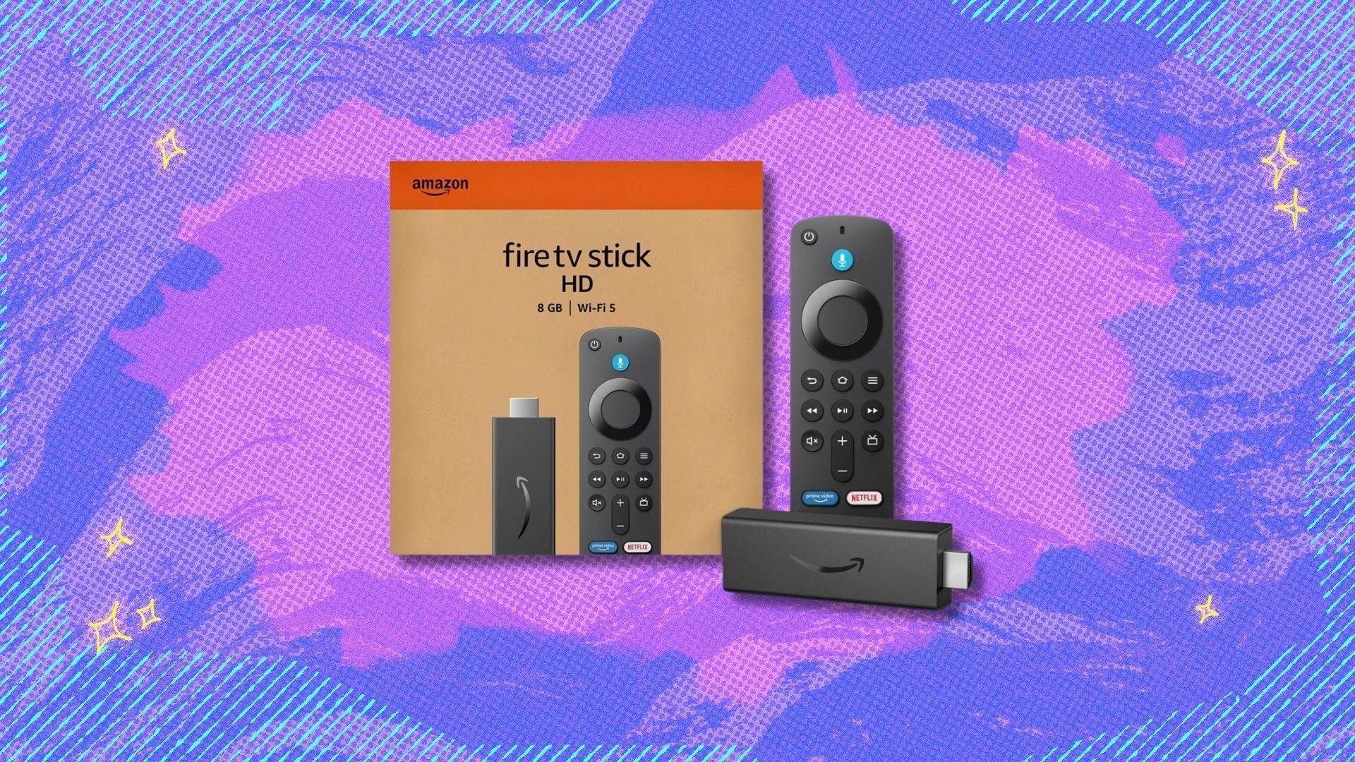 fire tv stick hd and box against a purple patterned background
