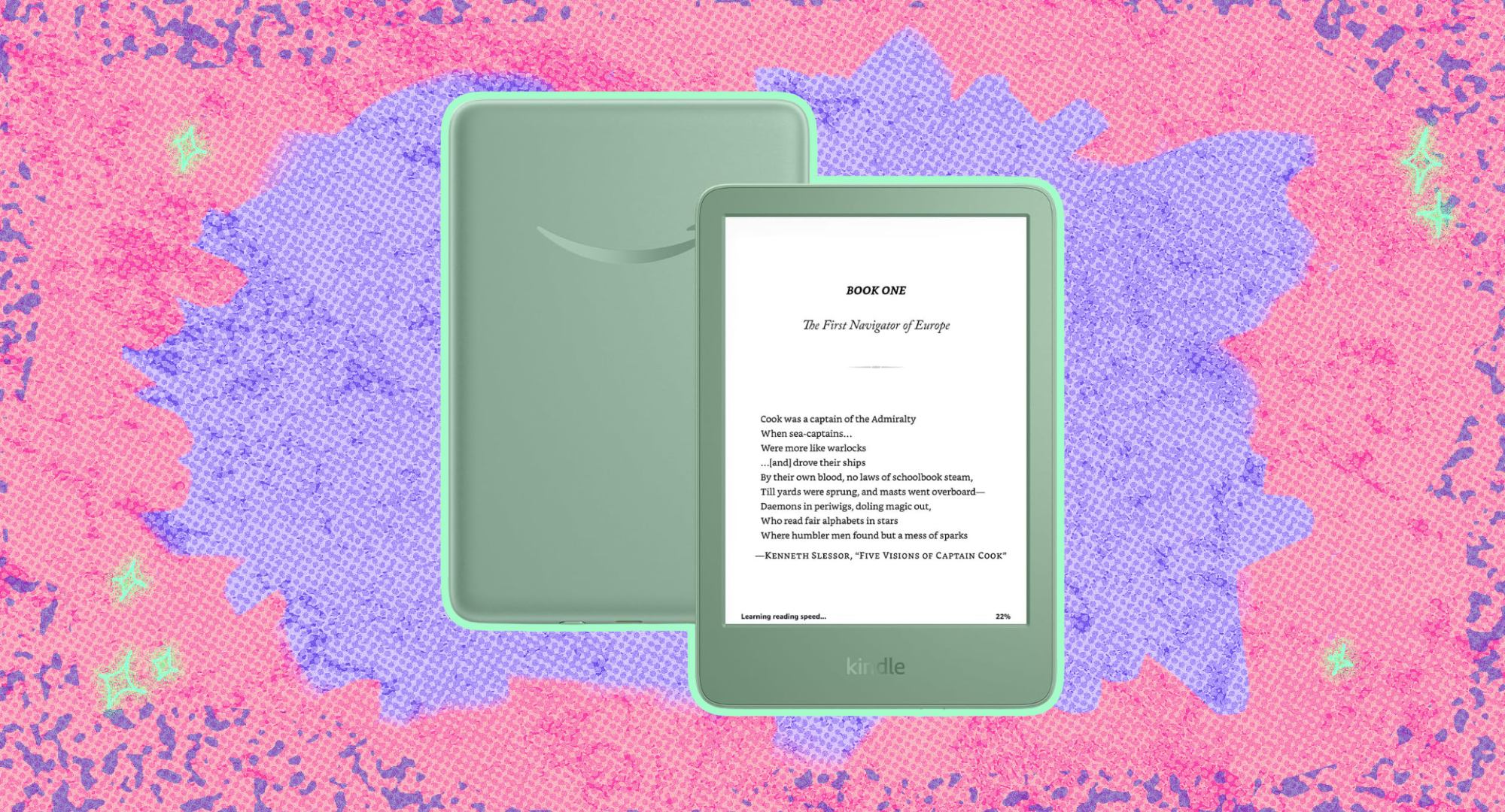 The 2024 Amazon Basic Kindle in Matcha green against a pink and purple background. 