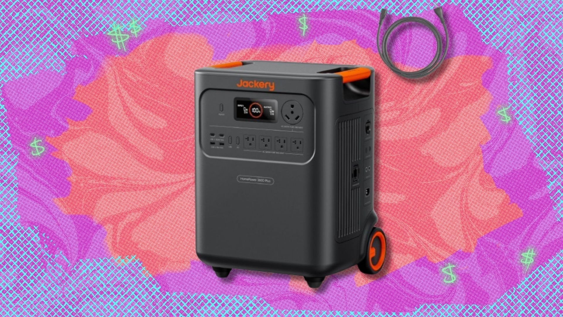 the jackery homepower 3600 plus with power cord on a pink and coral-colored background