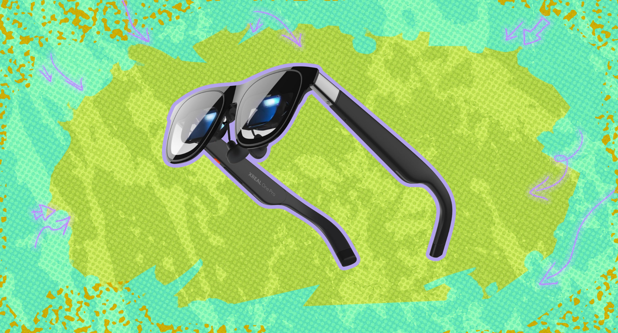 Xreal One Pro AR Glasses against a green background. 
