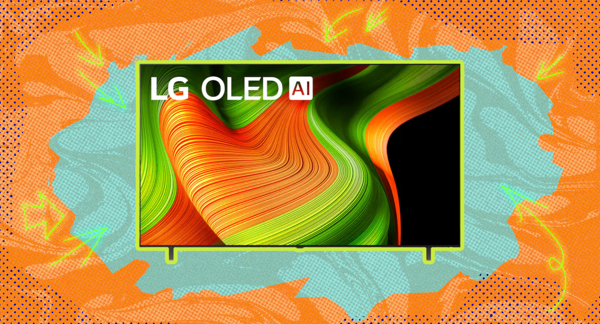 The LG 77-inch Class B5 Series OLED AI 4K UHD Smart webOS TV (2025) against an orange background.