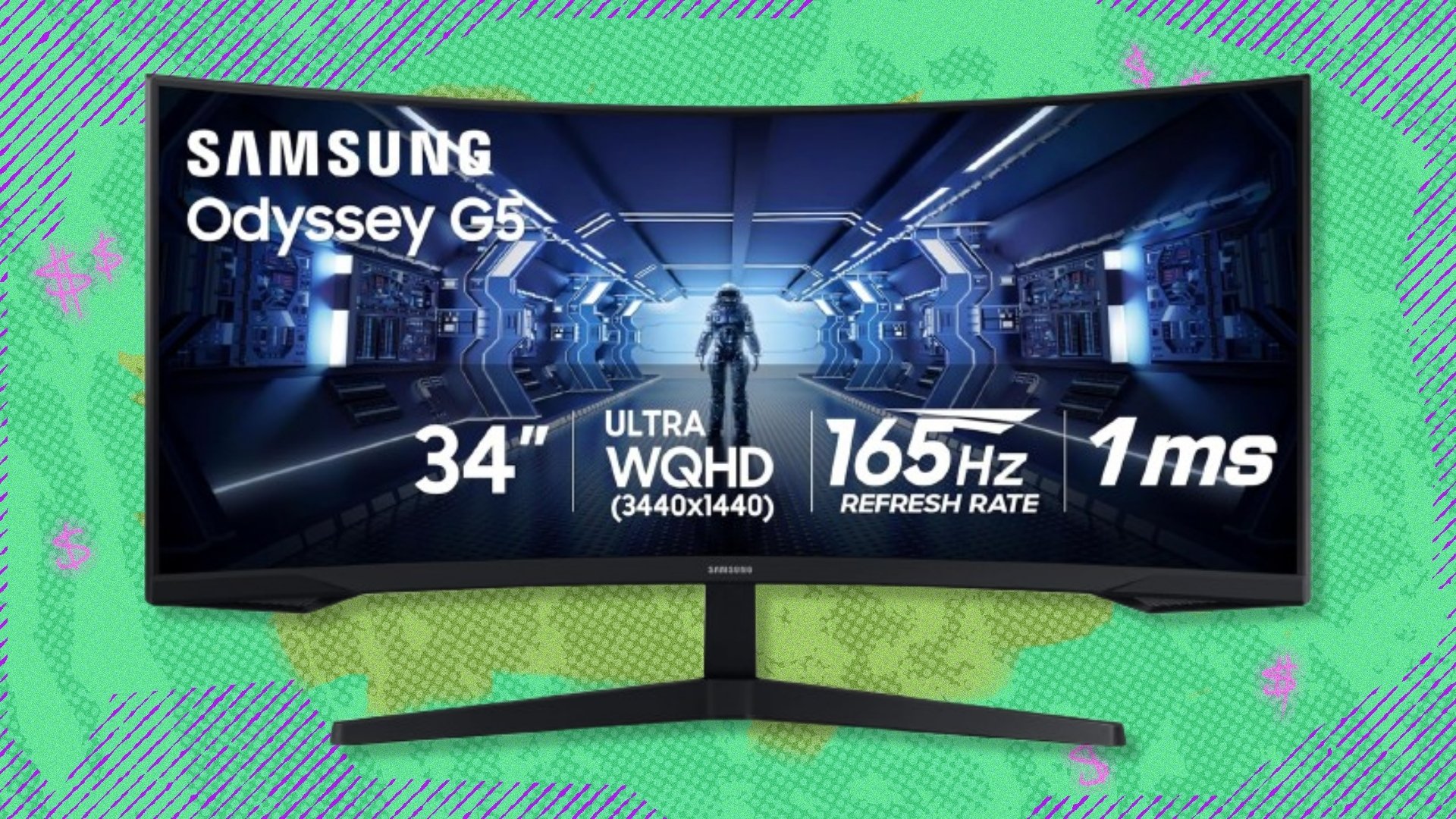 The Samsung 34-inch Odyssey G5 Ultra-Wide Gaming Monitor on a green background