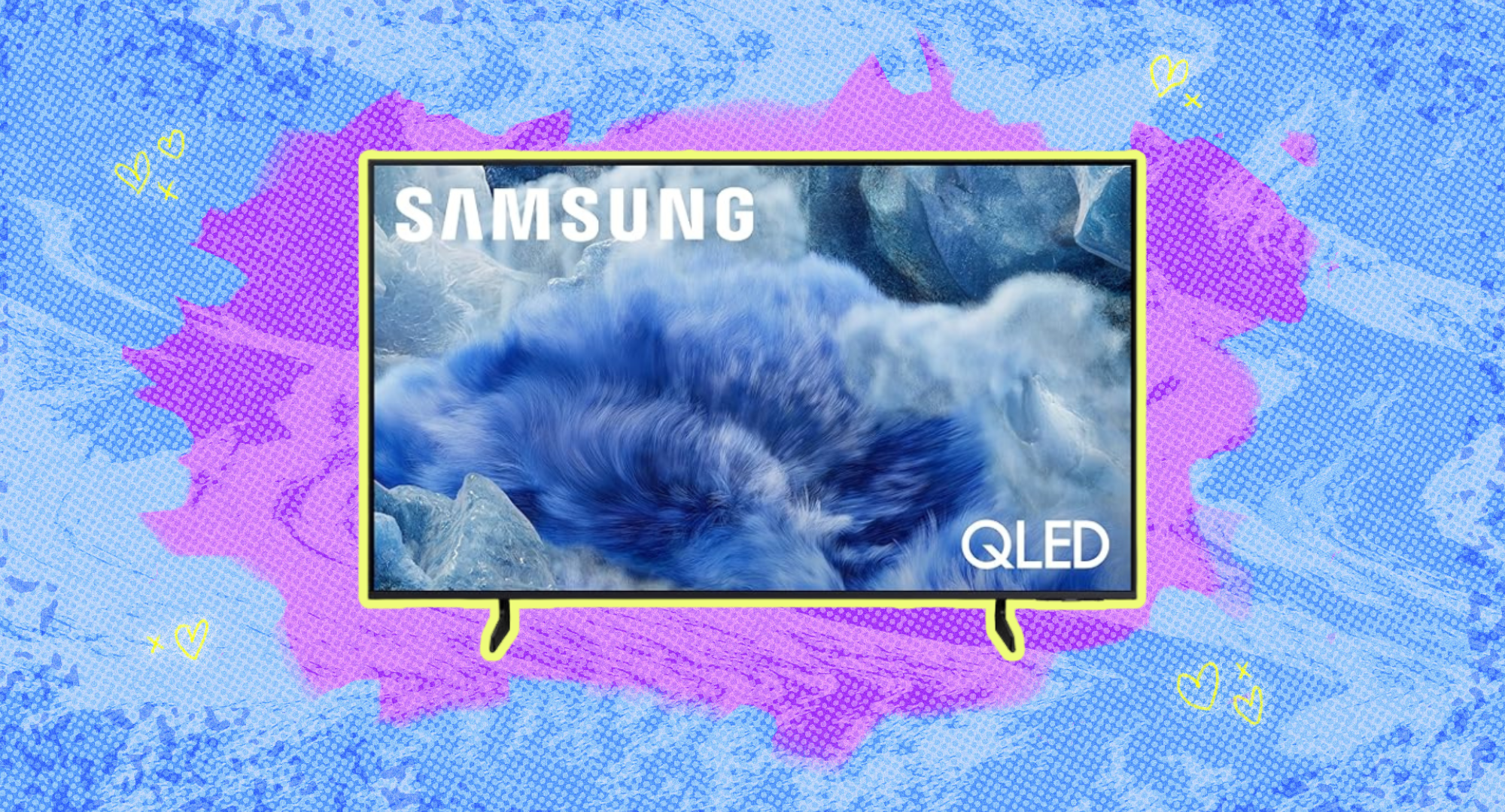 A 65-inch Samsung TV against a blue and purple background. 