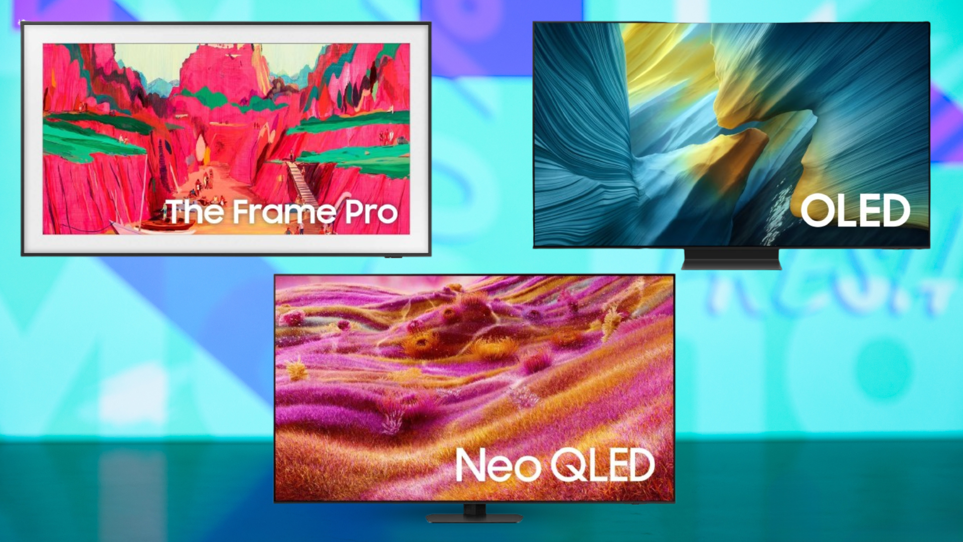 three samsung tvs on blue graphic background