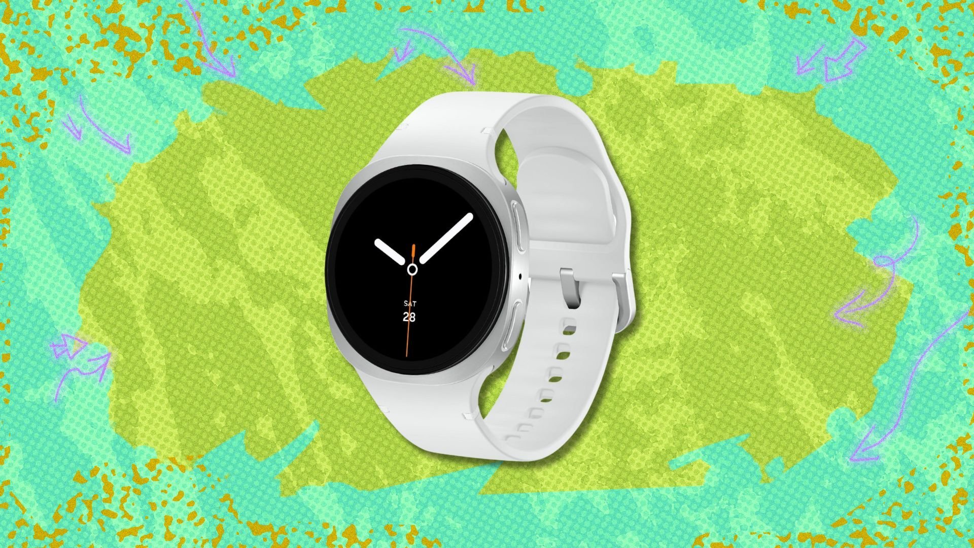 samsung galaxy watch 8 against a green patterned background