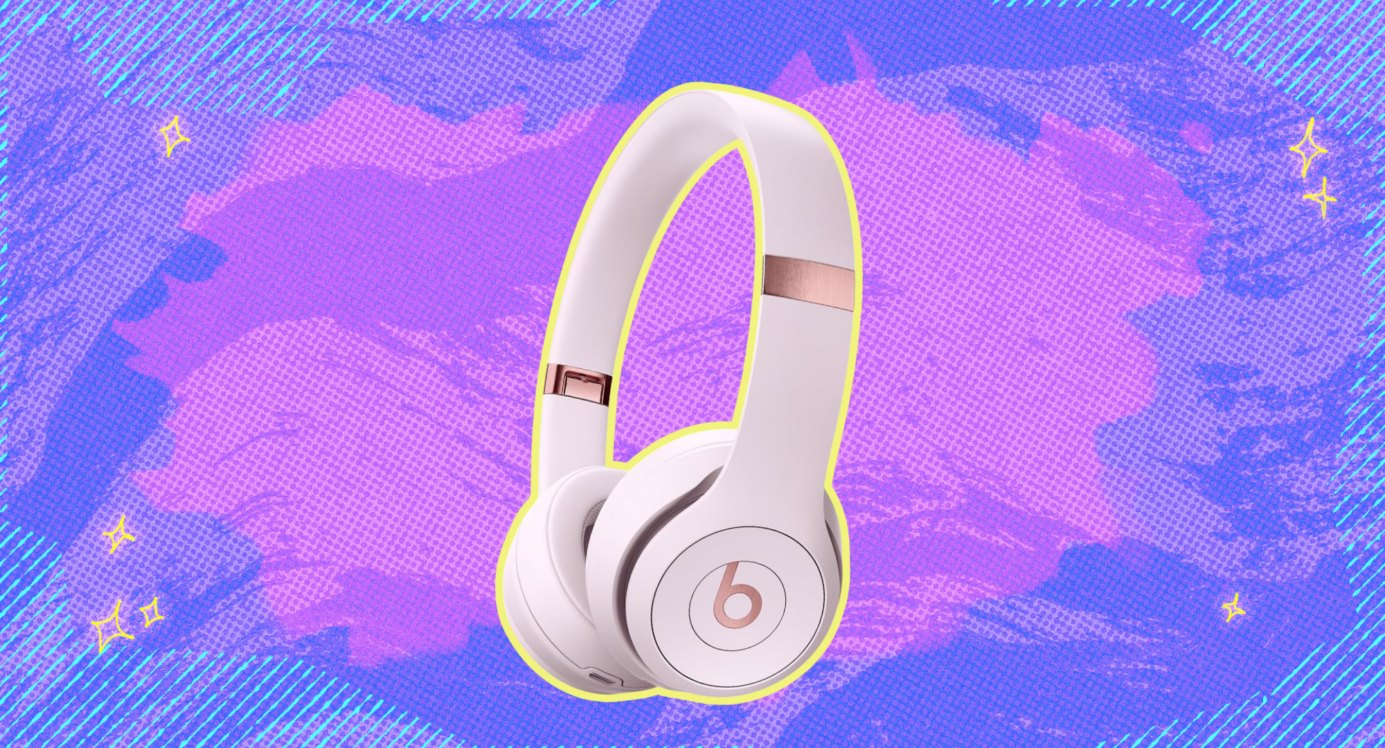 The Beats Solo 4 headphones in light pink against a pink and purple background.