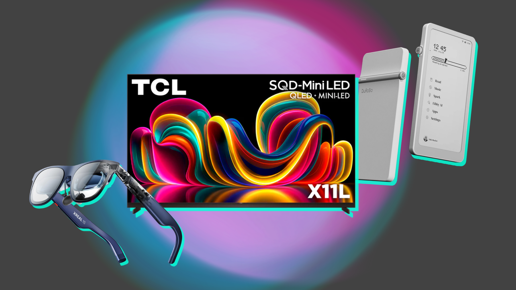 Xreal 1S glasses, TCL X11L TV, and DuRoBo Krono e-reader arranged on gray, blue, and purple backdrop