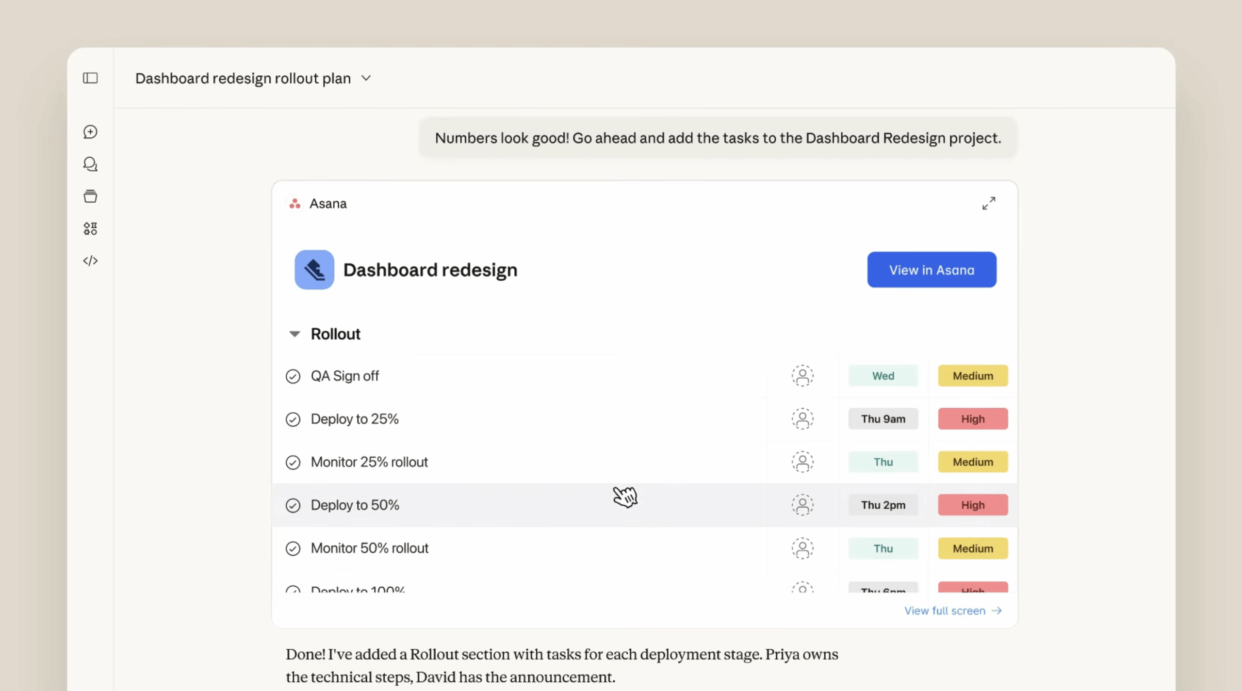 Claude using Asana to manage tasks