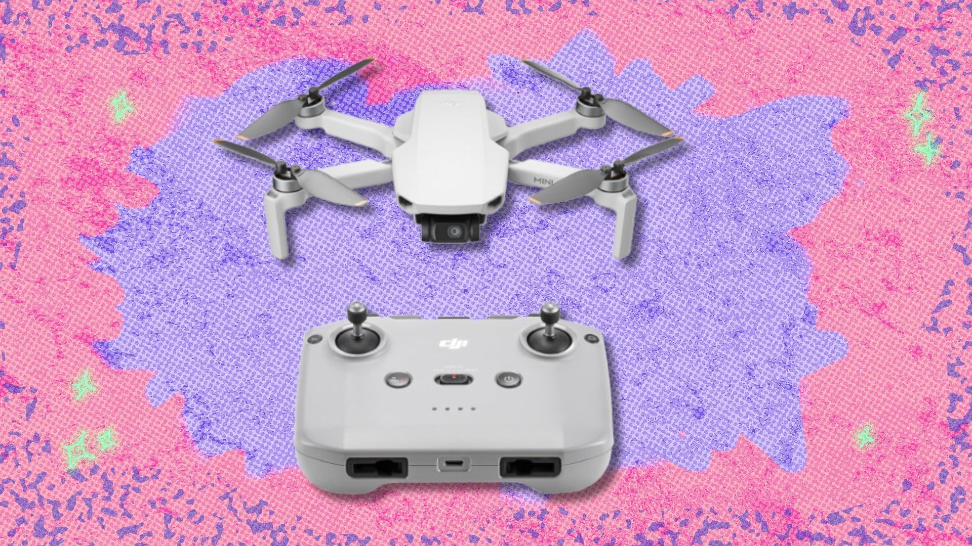 the DJI mini 4k drone on a pink and purple background