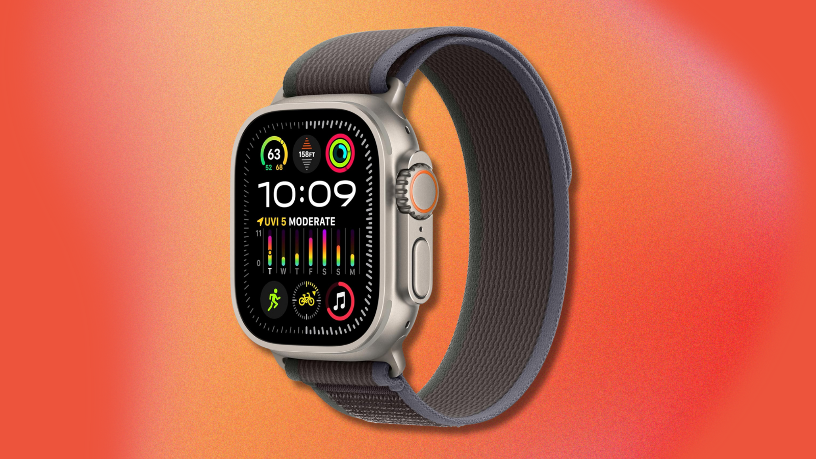 the apple watch ultra 2 against a red and orange gradient background