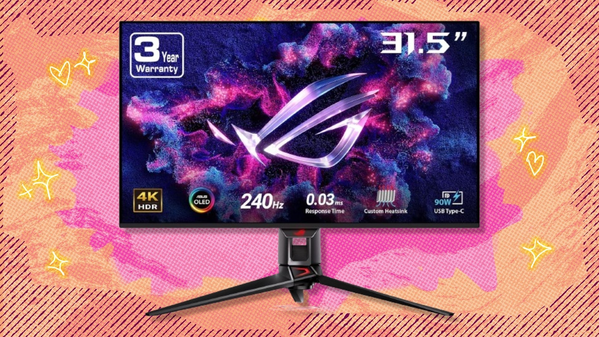 The ASUS ROG Swiftgaming monitor on a pink and orange background
