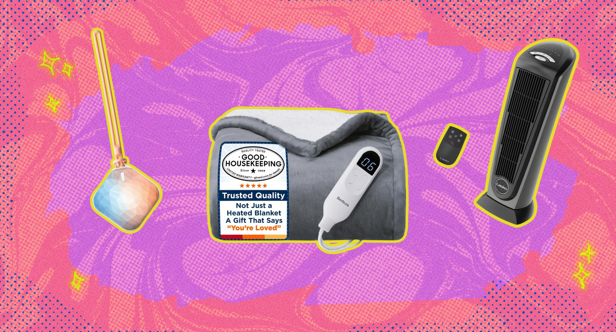 A hand warmer, heated blanket, and space heater against a colorful background.