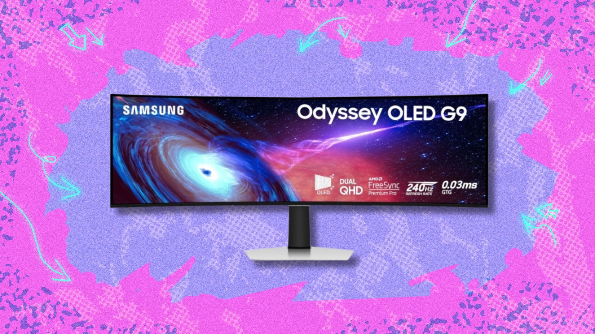 the Samsung Odyssey g9 curved gaming monitor on a pink and purple background