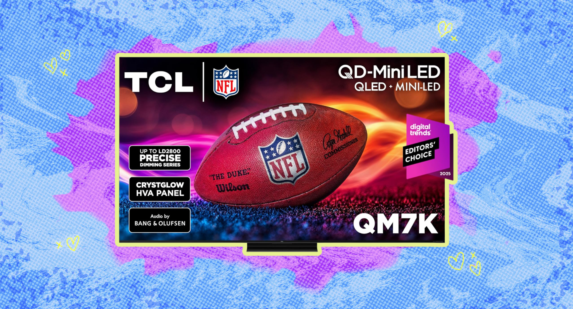 An 85-inch TCL TV against a blue and purple background.